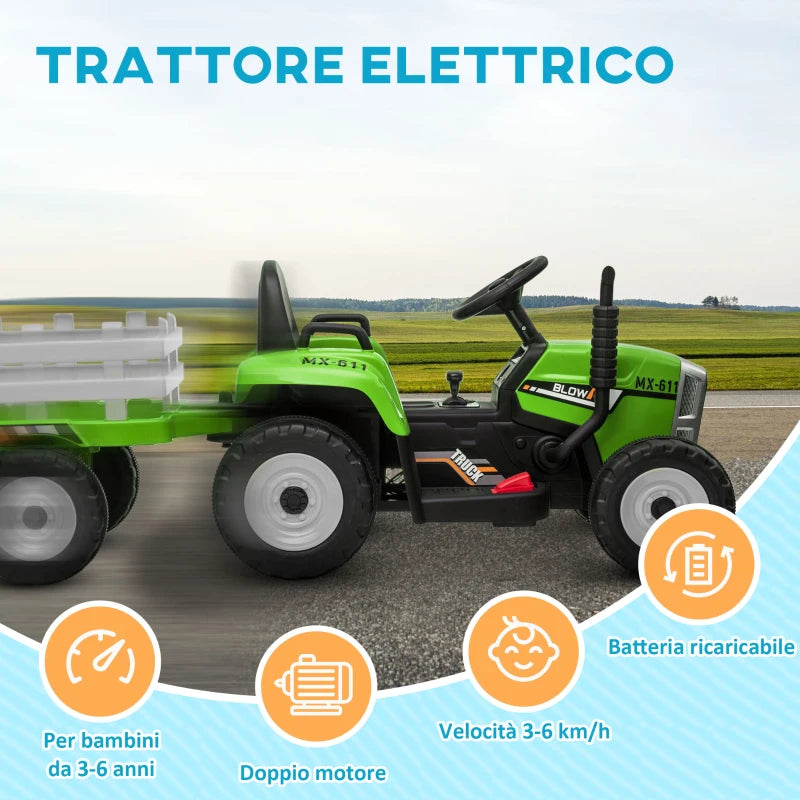 HOMCOM Trattore Elettrico per Bambini 3-6 Anni con Rimorchio Rimovibile, Batteria 12V e Telecomando, Verde