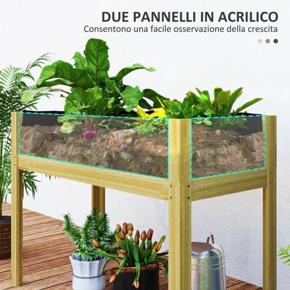 Outsunny Fioriera Rialzata da 118L con 2 Fori di Drenaggio e Pareti Trasparenti, in Legno di Abete, 110x50x80 cm