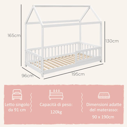 HOMCOM Struttura Letto per Bambini a Forma di Casetta con Doghe e Recinzione, in Legno di Pino, 96x195x165 cm, Bianco