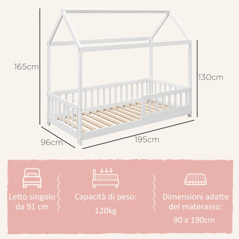 HOMCOM Struttura Letto per Bambini a Forma di Casetta con Doghe e Recinzione, in Legno di Pino, 96x195x165 cm, Bianco