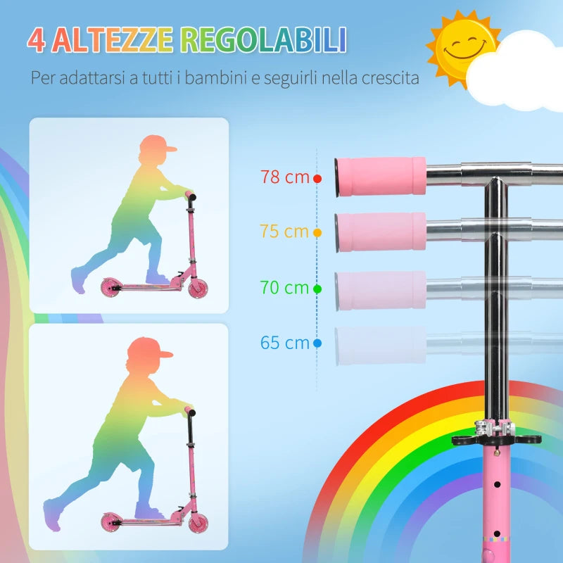 HOMCOM Monopattino per Bambini 3-7 Anni Pieghevole a 2 Ruote e Altezza Regolabile, 67x30x63/68/73/76 cm, Rosa