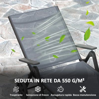 Outsunny Lettino Sdraio Pieghevole e Reclinabile in 5 Posizioni con Rotelle, in Metallo e Textilene, 72x158x84 cm, Grigio