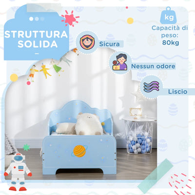 ZONEKIZ Letto per Bambini con Sponde e Fantasia Spaziale, Età 3-6 Anni, 143x74x59cm, Azzurro