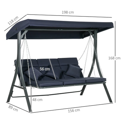 Outsunny Dondolo da Giardino 3 Posti con Cuscini, Seduta Chaise Longue e Tettuccio, 198x118x168 cm, Blu Scuro