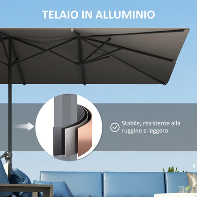 Outsunny Ombrellone Doppio da Giardino 4.5x2.6 m, Apertura a Manovella e 12 Stecche, Grigio