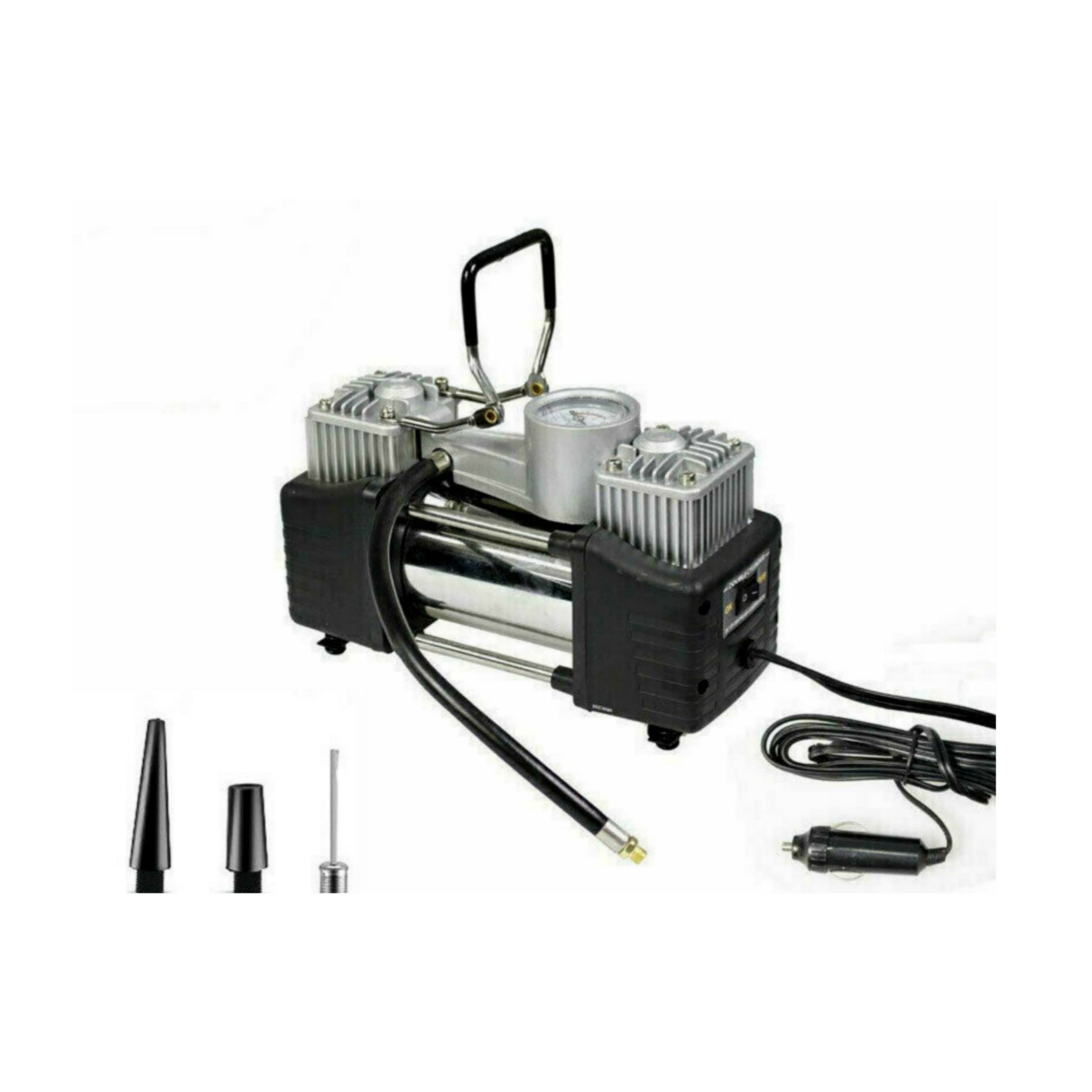 Compressore ad Aria Portatile, Auto, Bici, Moto, Manometro, Doppio Pistone con Manometro, 85L/min, Borsa