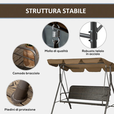 Outsunny Dondolo da Giardino 3 Posti con Tettuccio Regolabile in Rattan PE e Acciaio, 167x112x153cm