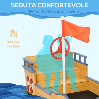 Outsunny Sabbiera per Bambini in Legno a Forma di Nave dei Pirati con Vano Contenitore, 158x78x45.5 cm