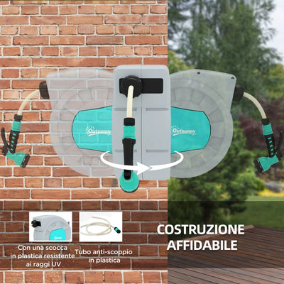 Outsunny Avvolgitubo Automatico a Parete e Portatile Lunghezza 25+2 m, Sistema di Blocco e 7 Getti, Grigio