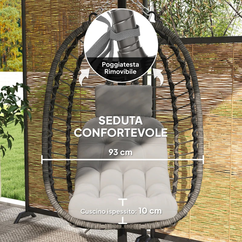 Outsunny Sedia Sospesa in Rattan a Uovo con Cuscino e Poggiatesta, Altezza Regolabile e Seduta Richiudibile, Grigio