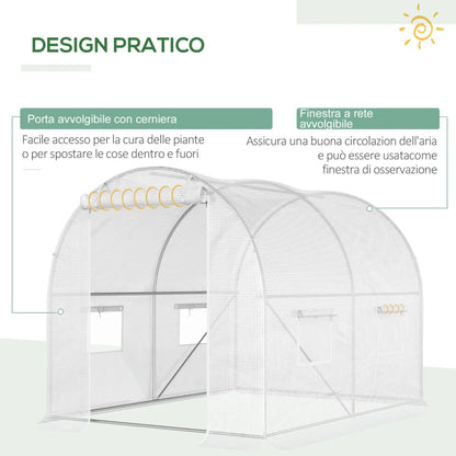 Outsunny Serra a Tunnel con 4 Finestrelle e Ingresso a Zip in Acciaio Zincato e PE, 3x2x1.9 m, Bianco