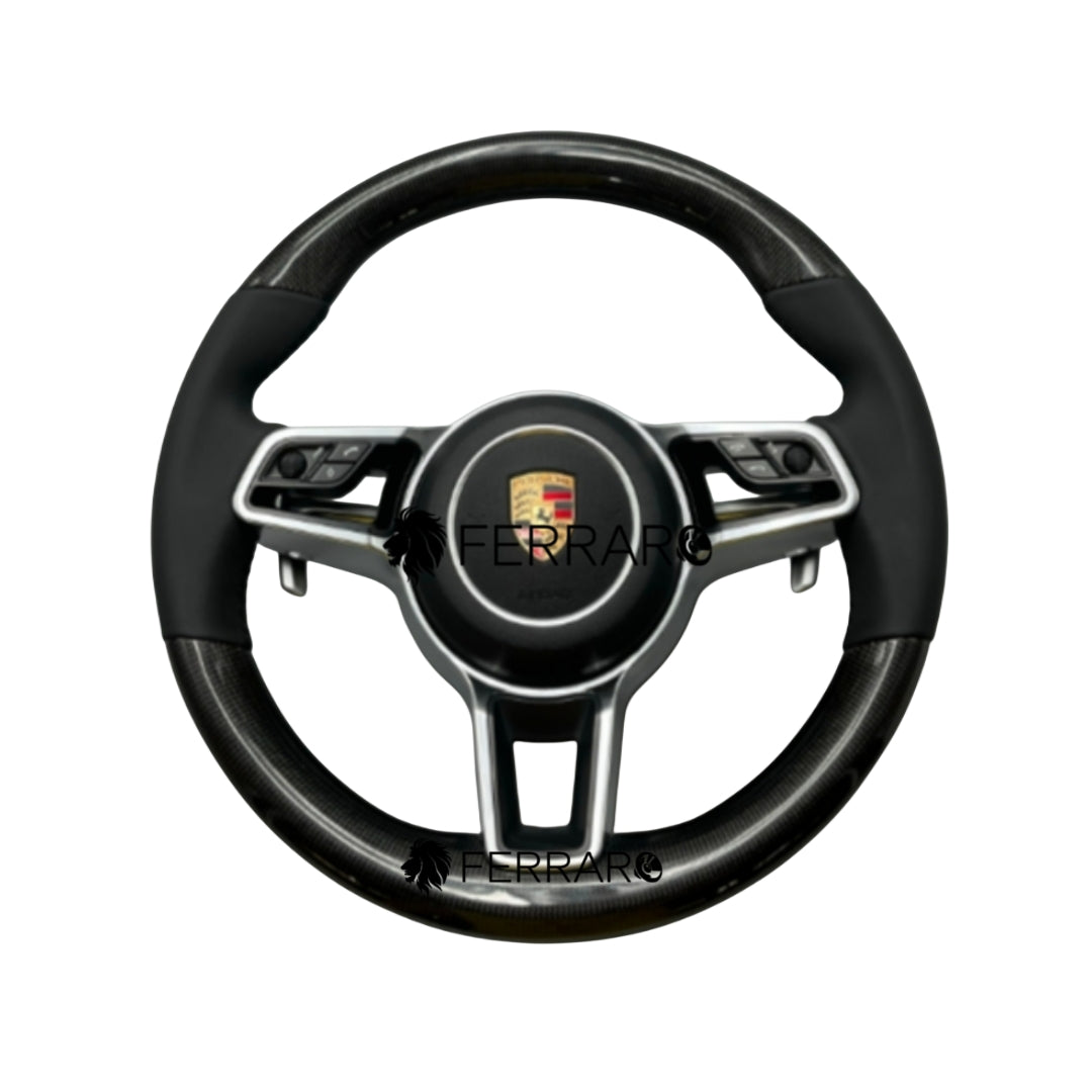 Volante per Porsche, Carbonio Diagonale, Paletta Corta, Senza Etichetta, Galvanica, Pelle Nera, Filo Nero