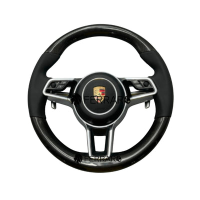 (PRENOTA) Volante per Porsche, Carbonio Diagonale, Paletta Corta, Senza Etichetta, Galvanica, Pelle Nera, Filo Nero