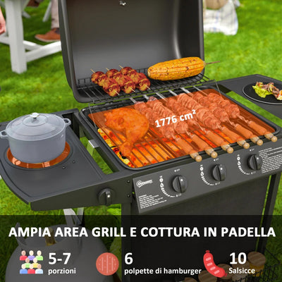 Outsunny Barbecue a Gas con 4 Bruciatori Indipendenti e Coperchio con Termometro, 108x54x97 cm, Nero