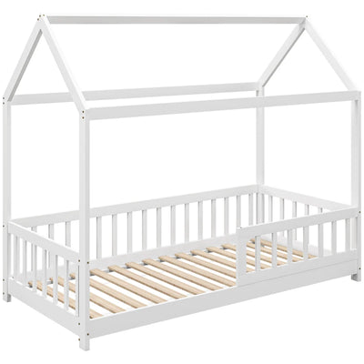 HOMCOM Struttura Letto per Bambini a Forma di Casetta con Doghe e Recinzione, in Legno di Pino, 96x195x165 cm, Bianco
