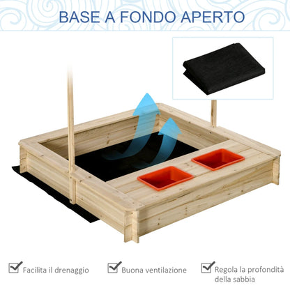 Outsunny Sabbiera per Bambini 3-8 Anni con Tettuccio Regolabile, in Legno di Abete e Poliestere, 118x118x118 cm