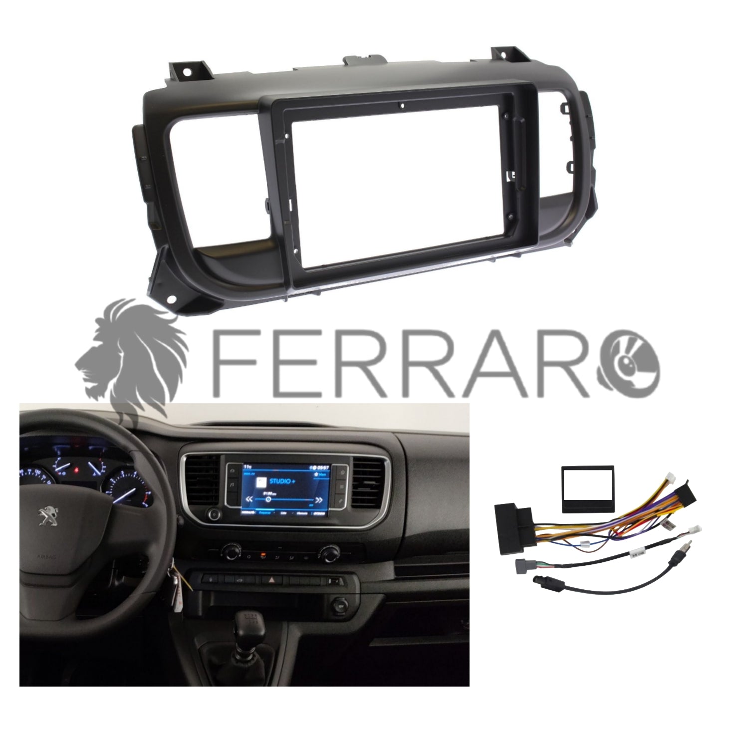 Kit Montaggio Autoradio 9"Pollici Peugeot Expert, Citroen Jumpy, SpaceTourer, Opel Vivaro (2016-2021) Mascherina, Cablaggio per Autoradio Android