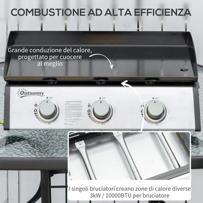 Outsunny Piastra Barbecue a Gas Antiaderente da Tavolo con 3 Bruciatori da 3kW, 62x46x21cm, Nero