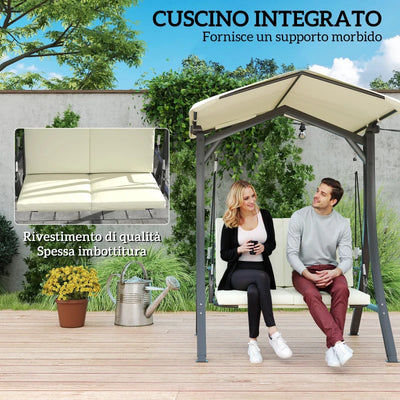 Outsunny Dondolo da Giardino 2 Posti con Tettuccio Regolabile e Cuscini, 150x120x182 cm, Crema