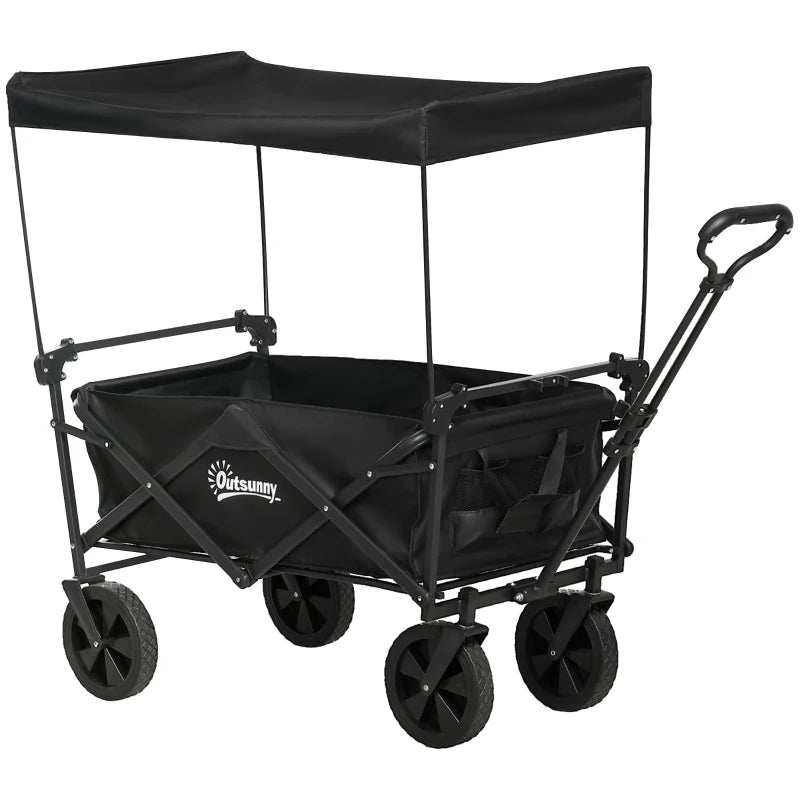 Outsunny Carrello da Giardino 110L con Maniglia Telescopica e Tettuccio in Acciaio e Tessuto Oxford, Nero