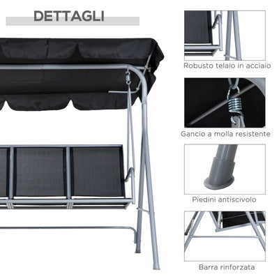 Outsunny Dondolo da Giardino a 3 Posti in Metallo, Tetto Parasole Rimovibile e Lavabile, Nero e Argento, 171x108x154cm