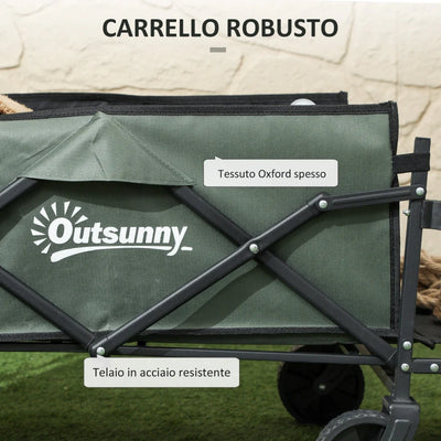 Outsunny Carrello da Giardino da 95L Pieghevole con Pannello Apribile, in Acciaio e Poliestere, 125x48x78-102 cm, Verde