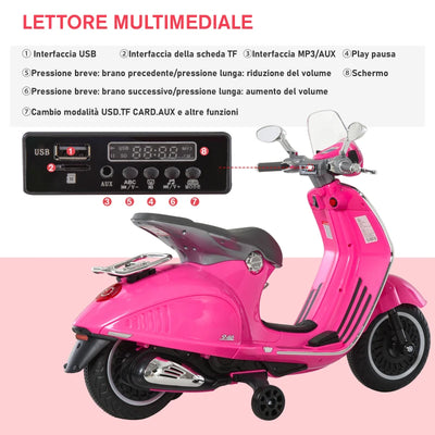 HOMCOM Moto Elettrica per Bambini con Licenza Ufficiale Vespa, 2 Rotelle, Luci e Suoni, 108x49x75 cm, Rosa