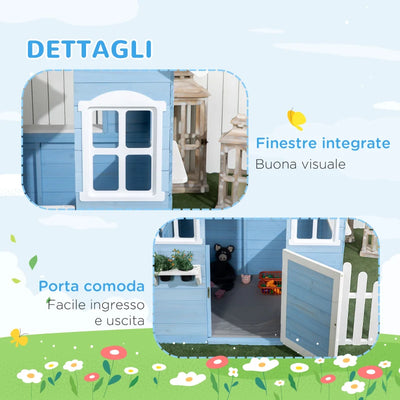 Outsunny Casa per Bimbi 3-7 Anni con Staccionata, Portavasi, Porta e Finestre, in Legno di Abete, 151x112.5x142 cm, Blu