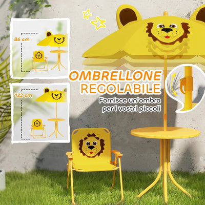 AIYAPLAY Set da Giardino per Bambini 2-5 Anni con Tavolino Rotondo, 2 Sedie Pieghevoli e un Ombrellone, Giallo