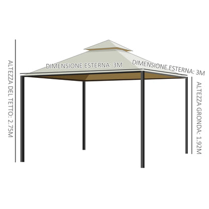 Outsunny Gazebo da Giardino 3 x 3m con 4 Tende Laterali e Doppio Tetto Beige