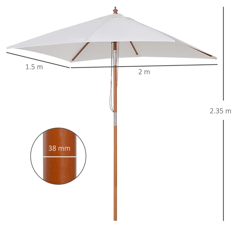 Outsunny Ombrellone da Giardino Inclinabile 2x1.5m a 6 Stecche con Palo in Legno di Abete e Corda, Beige
