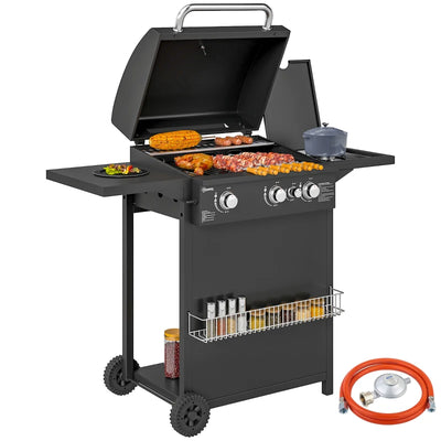 Outsunny Barbecue a Gas con Bruciatori Indipendenti, Coperchio con Termometro e Tavolino Laterale, Nero