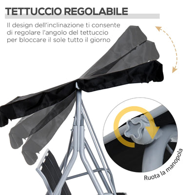 Outsunny Dondolo da Giardino a 3 Posti in Metallo, Tetto Parasole Rimovibile e Lavabile, Nero e Argento, 171x108x154cm