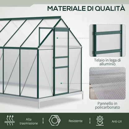 Outsunny Serra da Giardino in Policarbonato 190x375x199cm, con Finestra Apribile e Porta Scorrevole, Struttura in Alluminio, Verde