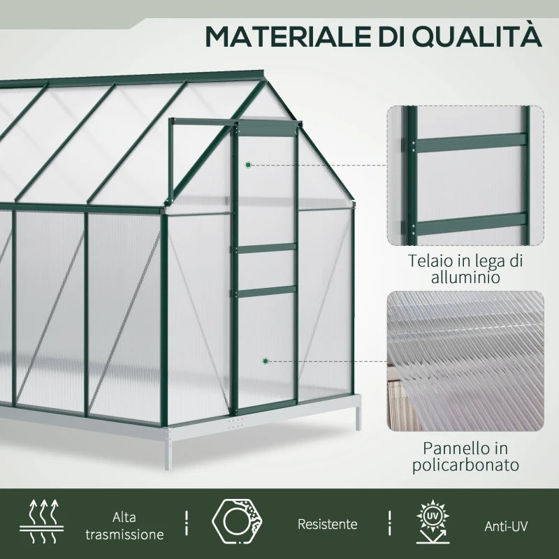 Outsunny Serra da Giardino in Policarbonato 190x375x199cm, con Finestra Apribile e Porta Scorrevole, Struttura in Alluminio, Verde