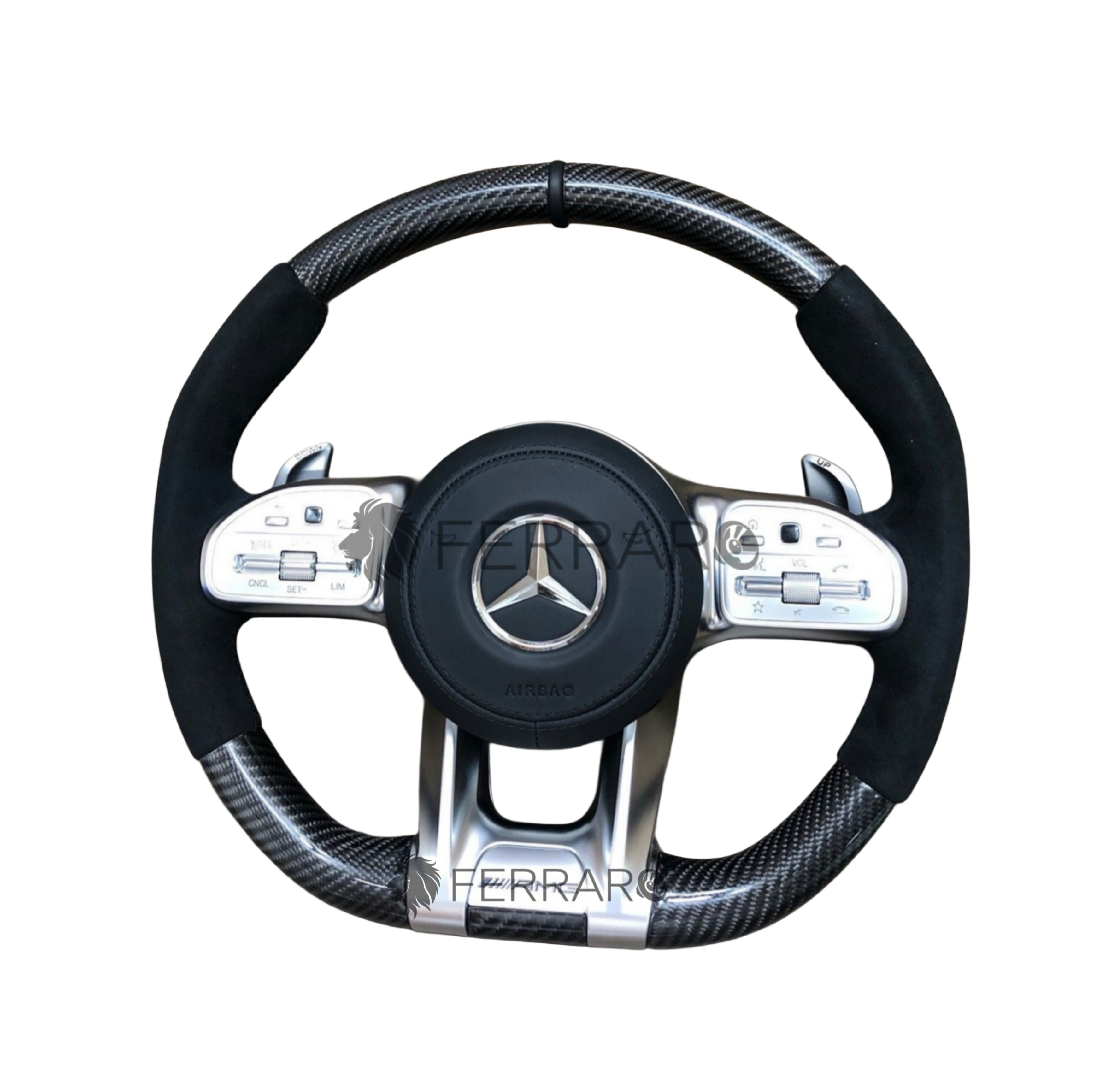 Volante per Mercedes, Carbonio Diagonale, Etichetta Pelle Nera, Filo Nero, Galvanica, AMG