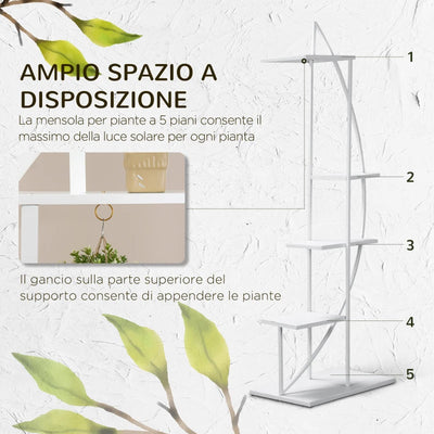 Outsunny Portafiori a 5 Livelli a Mezzaluna per Interni ed Esterni in MDF e Acciaio, 50x30x160 cm, Bianco