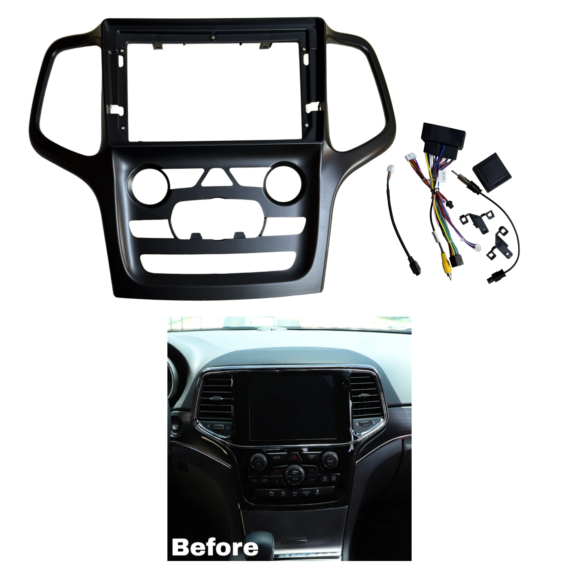 Kit Montaggio Autoradio 9"Pollici Jeep Grand Cherokee (WK2) Nera (2014-2017) Mascherina, Cablaggio per Autoradio Android