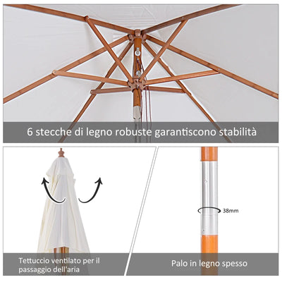 Outsunny Ombrellone da Giardino Inclinabile 2x1.5m a 6 Stecche con Palo in Legno di Abete e Corda, Beige
