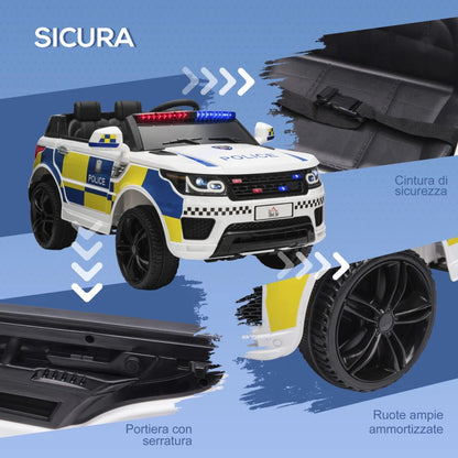 HOMCOM Macchina Elettrica per Bambini della Polizia, Batteria 12V e Telecomando, Sirena Luci Attacco USB per Musica, 110x68x52cm, Bianco