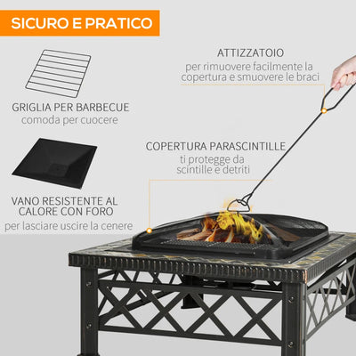 Outsunny Braciere da Giardino con Coperchio Parascintille e Griglia per Barbecue in Metallo 76x76x47cm Nero