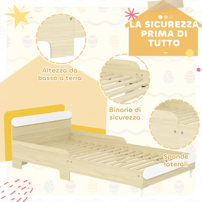 AIYAPLAY Letto per Bambini 3-10 Anni Basso con Sponde Laterali Alte, in Legno, 194.8x103x60.5 cm, Bianco e color Legno