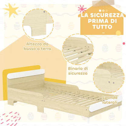 AIYAPLAY Letto per Bambini 3-10 Anni Basso con Sponde Laterali Alte, in Legno, 194.8x103x60.5 cm, Bianco e color Legno