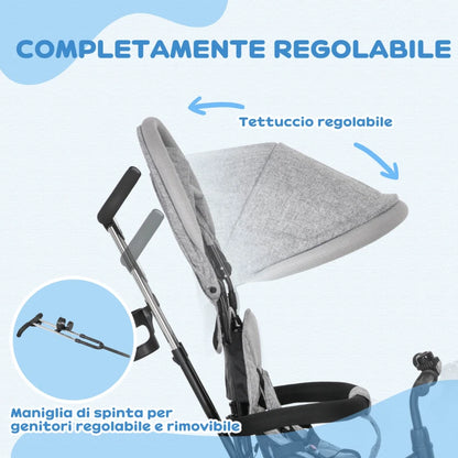 HOMCOM Triciclo per Bambini con Maniglione 6 in 1, Tettuccio Regolabile e Cintura di Sicurezza, Età 1-5 Anni, Grigio