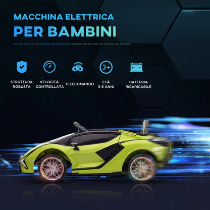 HOMCOM Lamborghini Macchina Elettrica per Bambini 12V con Fari e Musica, Telecomando e Velocità 3-5km/h, Età 3-5 Anni, 108x62x40cm, Verde