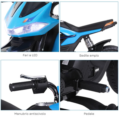 HOMCOM Moto Elettrica per Bambini da 6V con Rotelle e Fari, in PP e Metallo, 105x52.3x62.3 cm, Azzurro e Nero