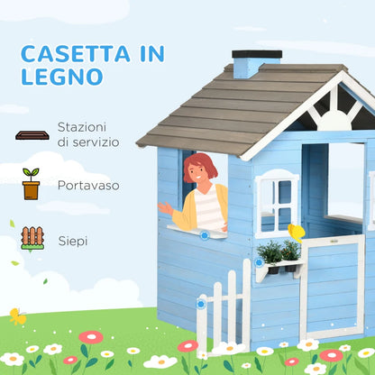 Outsunny Casa per Bimbi 3-7 Anni con Staccionata, Portavasi, Porta e Finestre, in Legno di Abete, 151x112.5x142 cm, Blu