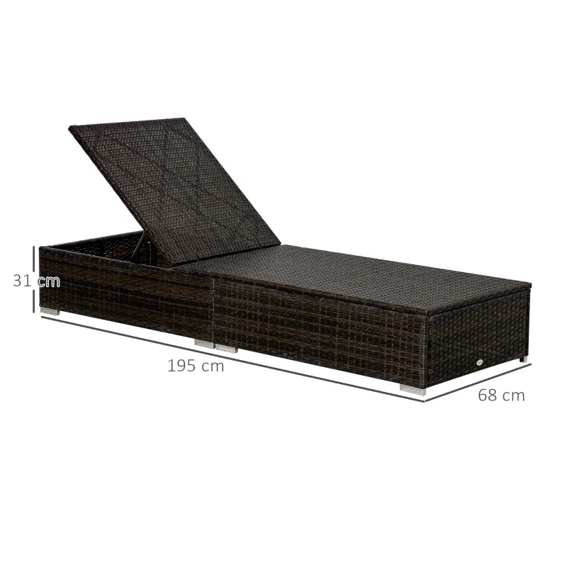 Outsunny Lettino Prendisole in Rattan PE con Schienale Reclinabile su 5 Posizioni, 195x68x31cm, Marrone