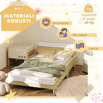 AIYAPLAY Letto per Bambini 3-10 Anni Basso con Sponde Laterali Alte, in Legno, 194.8x103x60.5 cm, Bianco e color Legno