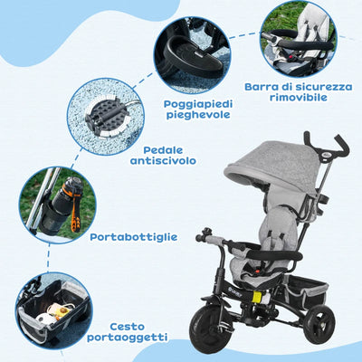 HOMCOM Triciclo per Bambini con Maniglione 6 in 1, Tettuccio Regolabile e Cintura di Sicurezza, Età 1-5 Anni, Grigio